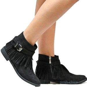 Black Fringe Moccasin Western Booties Ankle Boots